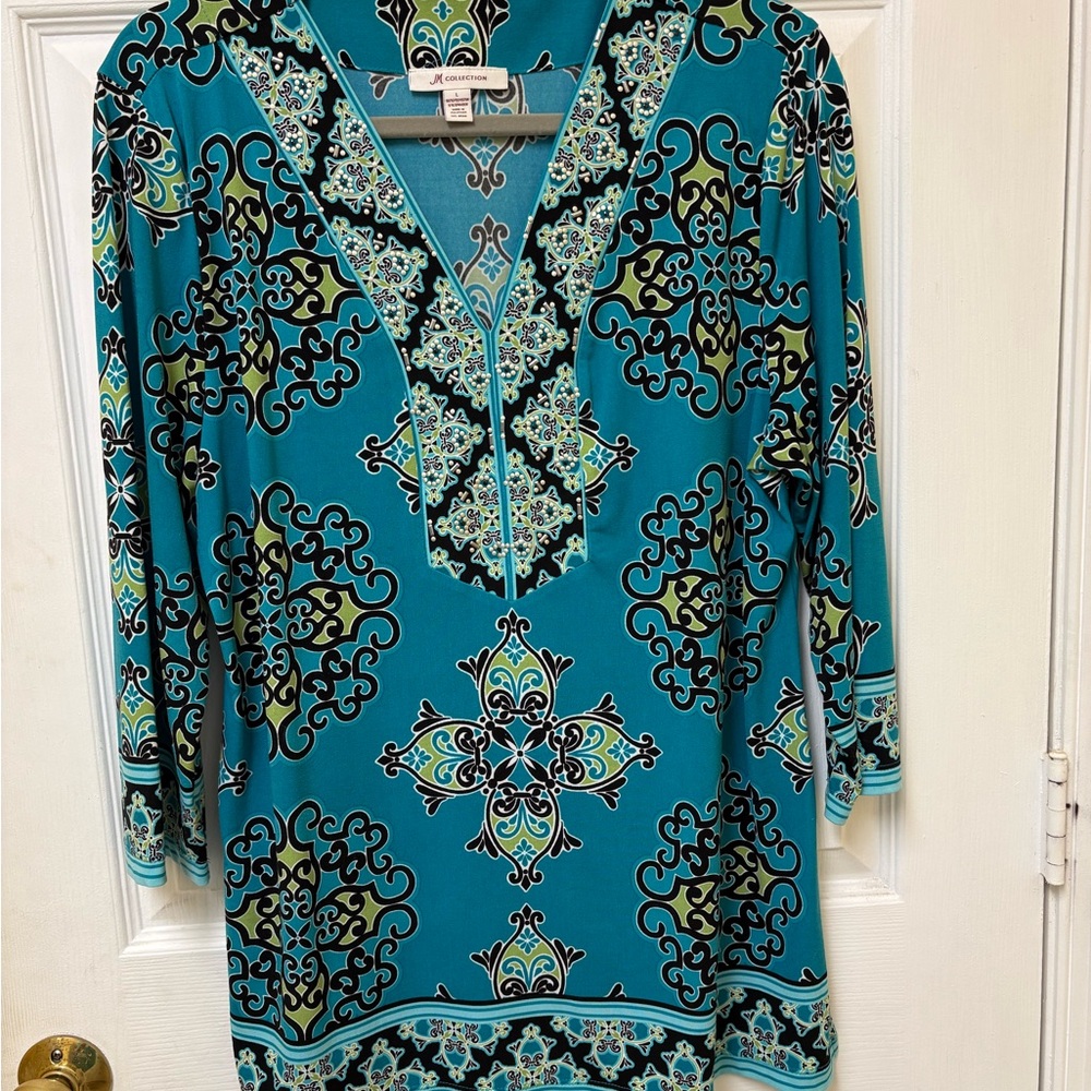 JM Collection Teal and Black Patterned Blouse - Picture 6 of 8